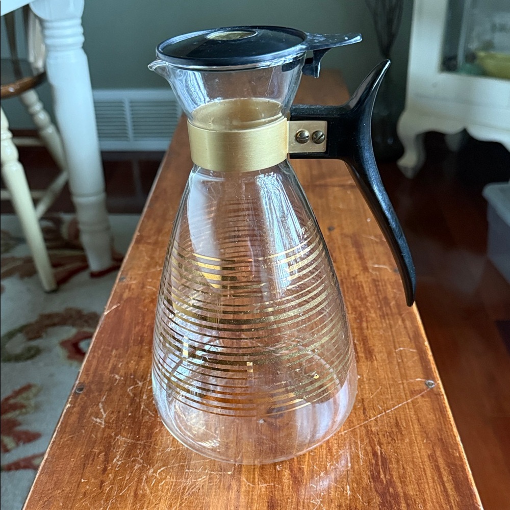 Vintage Pyrex Glass Coffee Carafe with Black Handle and Gold Accents